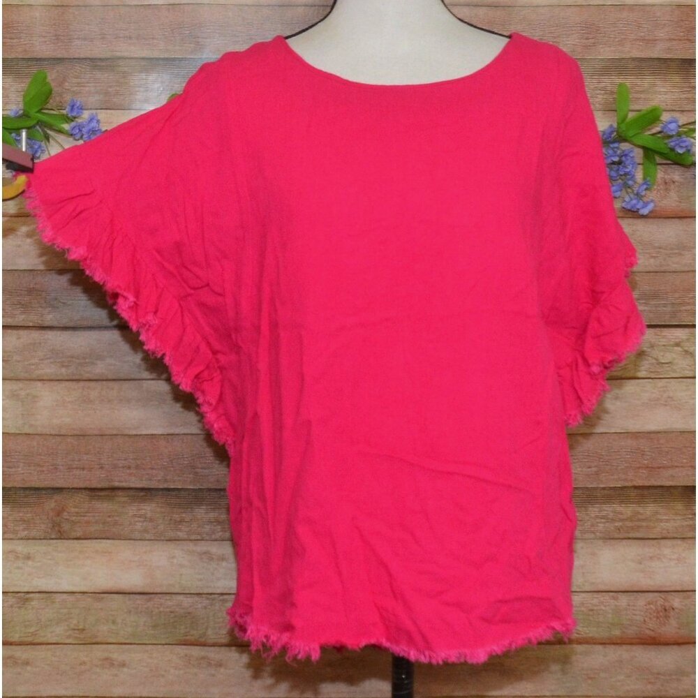 Umgee Ruffle Sleeve Frayed Hem Linen Blend Pink Top Shirt Ladies S Oversized